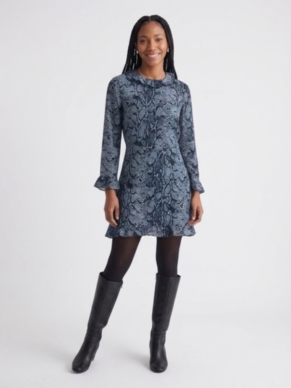 Reformation Long Sleeve Blue Snake Print Dress